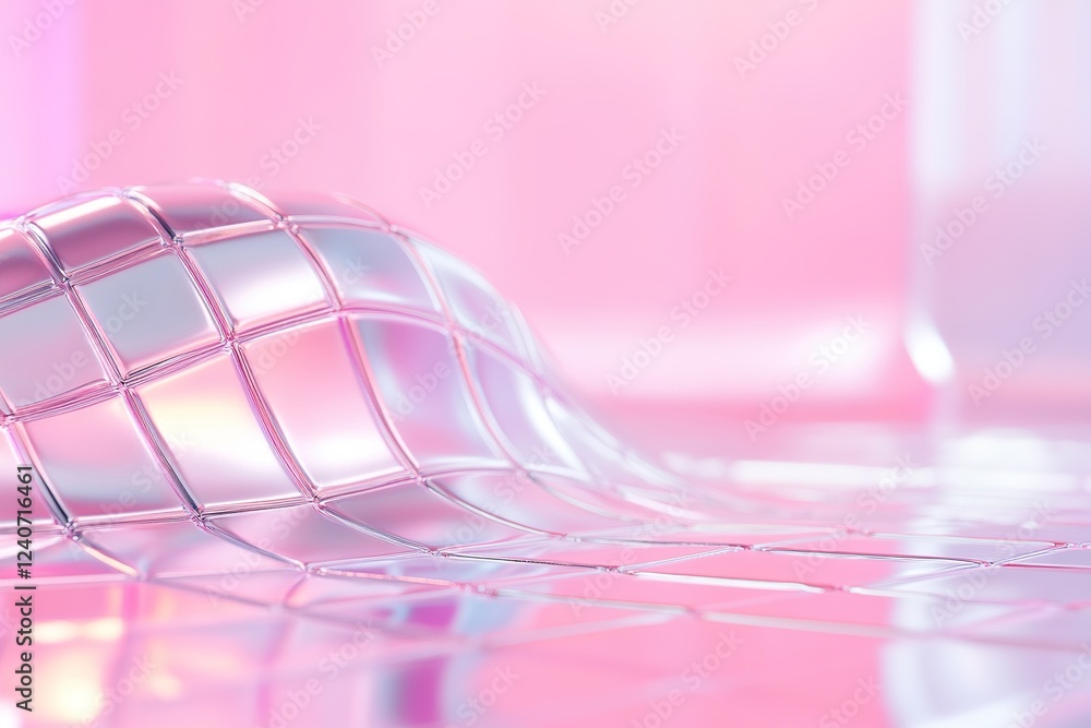 Poster a smooth chrome surface is adorned with a soft pink neon grid pattern that glimmers subtly. the ampl