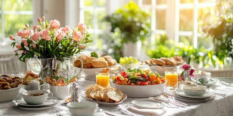 Elegant Brunch Table Displaying Pastries and Fresh Fruits in a Sunny Setting