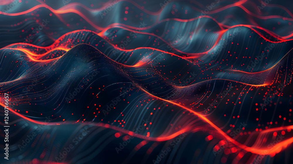 Poster abstract representation of flowing waves with glowing red and blue elements, creating a dynamic visu