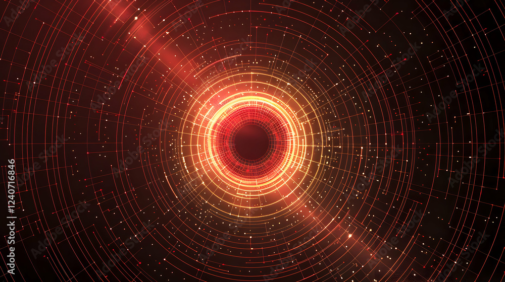 Poster abstract digital design featuring concentric circles and glowing lines in vibrant red tones