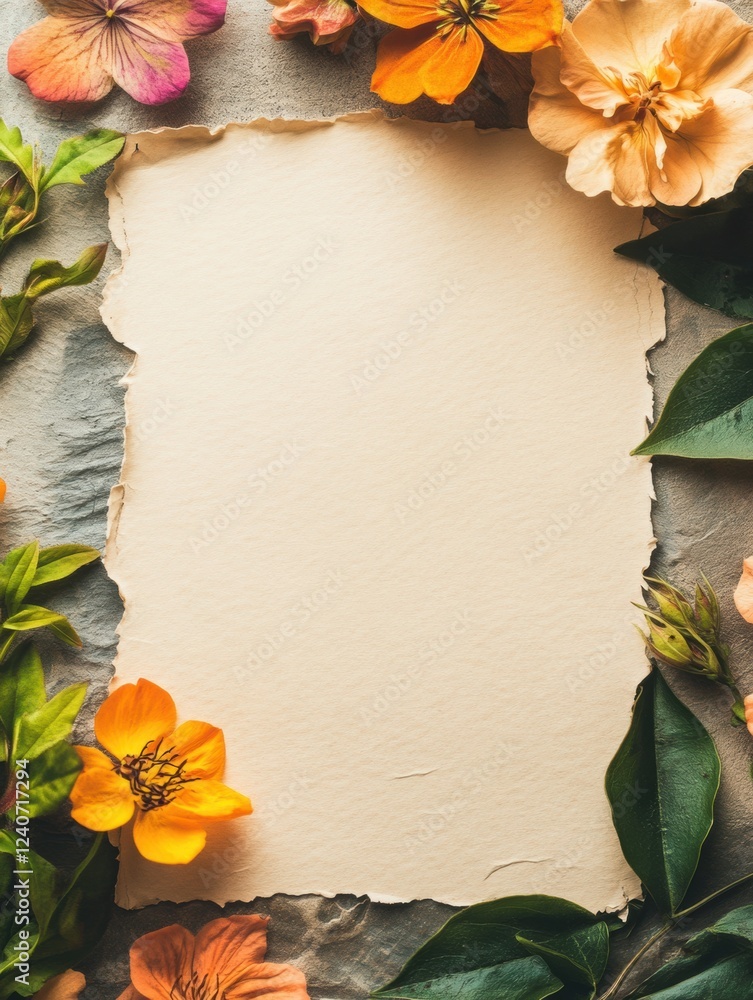Poster empty paper surrounded by colorful flowers and leaves for creative use in gardens or art projects. g
