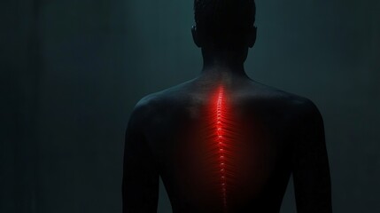 Glowing red spot illuminates silhouette of a spine in a dark, mysterious setting