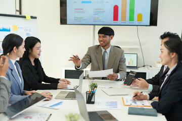 Business team brainstorming for planning strategies, laptop meeting with collaboration to present group project in office.