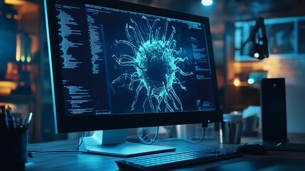 Malware alert displayed on computer screen in a modern workspace during evening hours