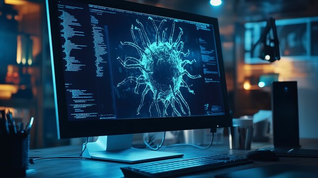 Malware alert displayed on computer screen in a modern workspace during evening hours