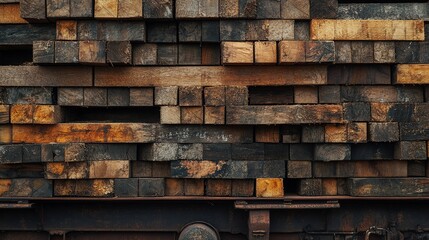 Wooden planks stacked on a truck revealing the texture and color variation of the timber
