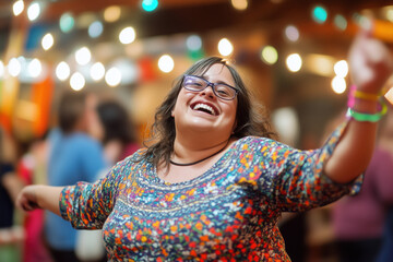 Energetic woman with Down syndrome dancing joyfully