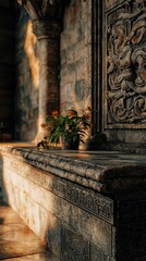 Intricate Stone Carvings Adorn Elegant Bathroom Wall
