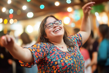 Energetic woman with Down syndrome dancing with happiness