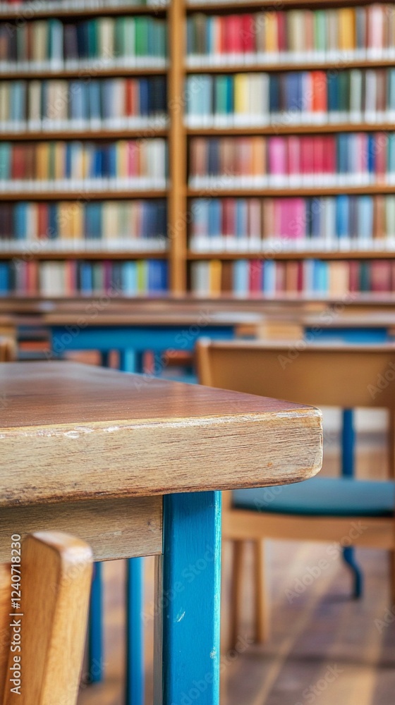 Aufkleber empty wooden desk in library study area with blurred bookshelves in background creating perfect acad