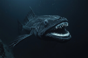 Mysterious black dragonfish swimming in the ocean abyss