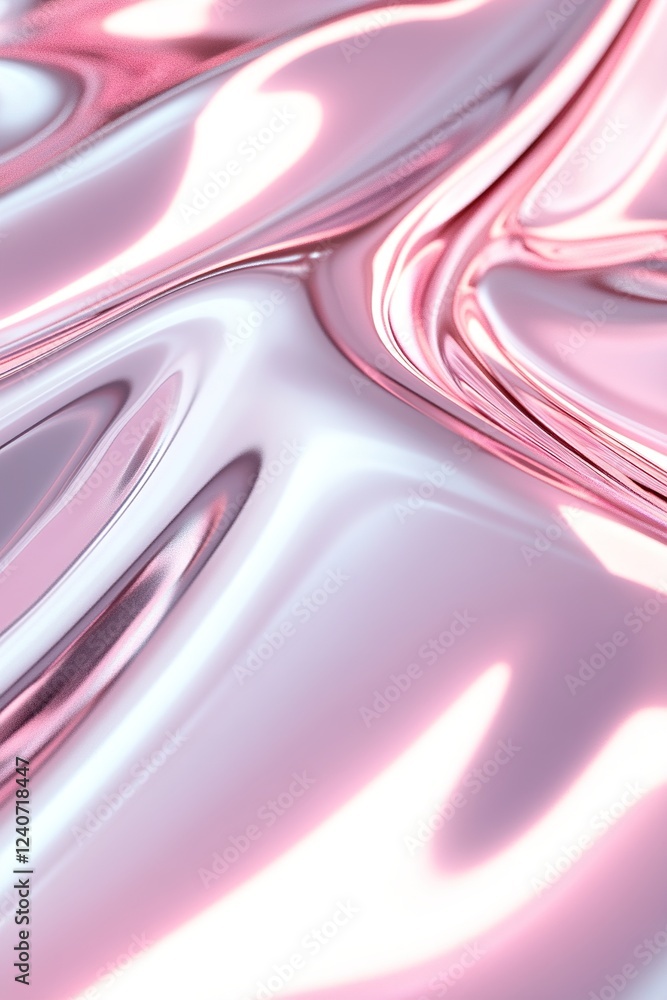 Poster a shiny chrome surface ripples under vibrant pink neon light, highlighting reflections and shadows. 