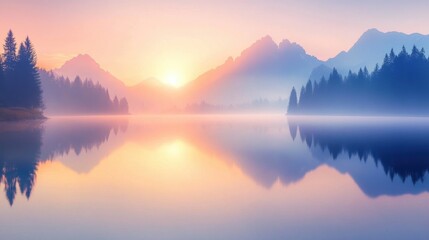 Obraz premium Serene Sunrise Over a Misty Mountain Lake Landscape at Dawn