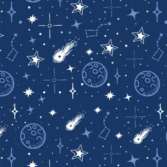 Space seamless pattern with planets, stars, comets and constellations