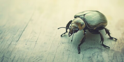 Naklejka premium Metallic Green Beetle Resting on Textured Wooden Surface