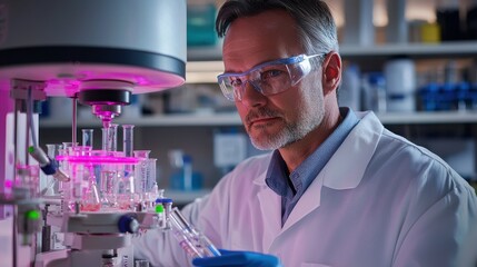 Middle-Aged Scientist Operating High-Speed Centrifuge in Laboratory Setting