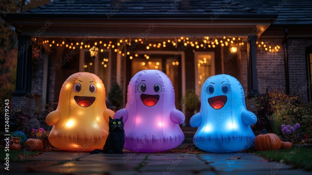 Poster nighttime halloween scene three inflatable ghosts in different colors and expressions a black cat be