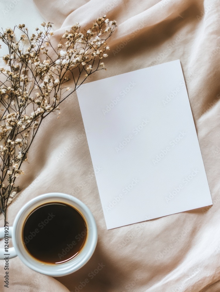 Poster empty space for writing with coffee cup and dried flowers on soft fabric background in calm setting.