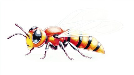 Detailed Illustration of a Wasp with Reddish Orange Body and Translucent Wings