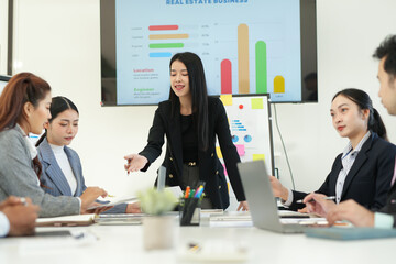 Business team brainstorming for planning strategies, laptop meeting with collaboration to present group project in office.