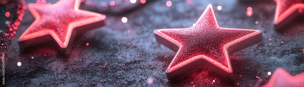 Poster scattered glowing red neon stars and sparkles create a captivating cosmic atmosphere, offering a sty