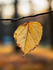 Last golden leaf hanging on a branch during sunset in autumn