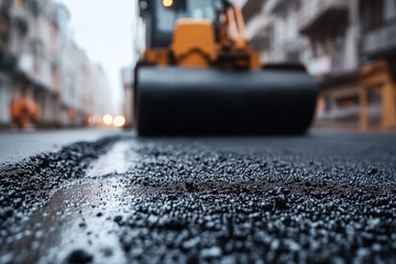 Asphalt paving on rainy city street