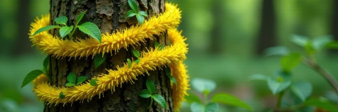 Yellow parasitic plant wrapped around a tree trunk, parasitic, growth, amarbel