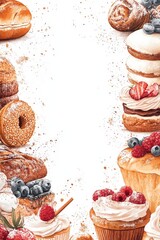Assorted Pastries and Desserts Frame on White Background