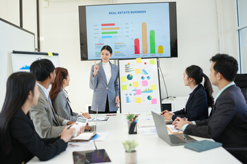 Business team brainstorming for planning strategies, laptop meeting with collaboration to present group project in office.