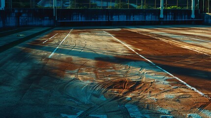 The image shows a baseball field with red clay infield and white lines. The infield is wet and has footprints.