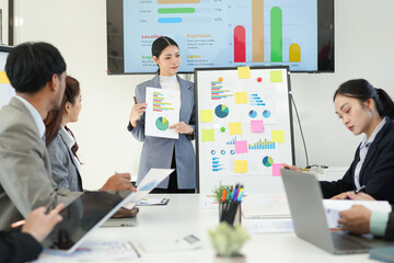 Business team brainstorming for planning strategies, laptop meeting with collaboration to present group project in office.