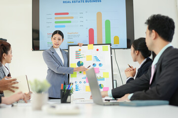 Business team brainstorming for planning strategies, laptop meeting with collaboration to present group project in office.