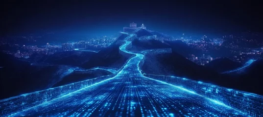 Crédence en verre imprimé Illuminated Great Wall Of China At Night With Glowing, Digital Data Flowing Along Its Path
