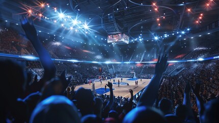 Fototapeta premium Basketball game at a large arena. The arena is packed with fans cheering on their team.