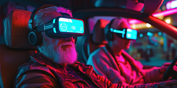 An elderly couple wearing virtual reality headsets inside a futuristic, neon-lit car, symbolizing autonomous driving and advanced entertainment technology.