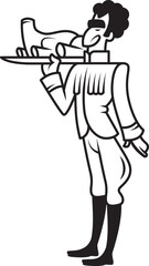 Logo male waiter. Waiter holds ready dish. Kitchen. Cooking.