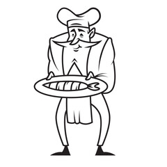 Logo male cook. Chef holds a ready dish. Kitchen. Cooking.