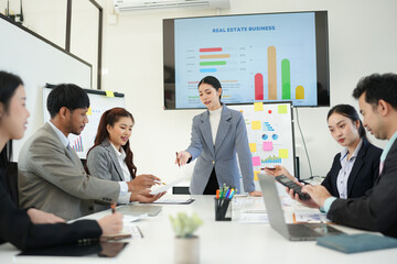 Business team brainstorming for planning strategies, laptop meeting with collaboration to present group project in office.