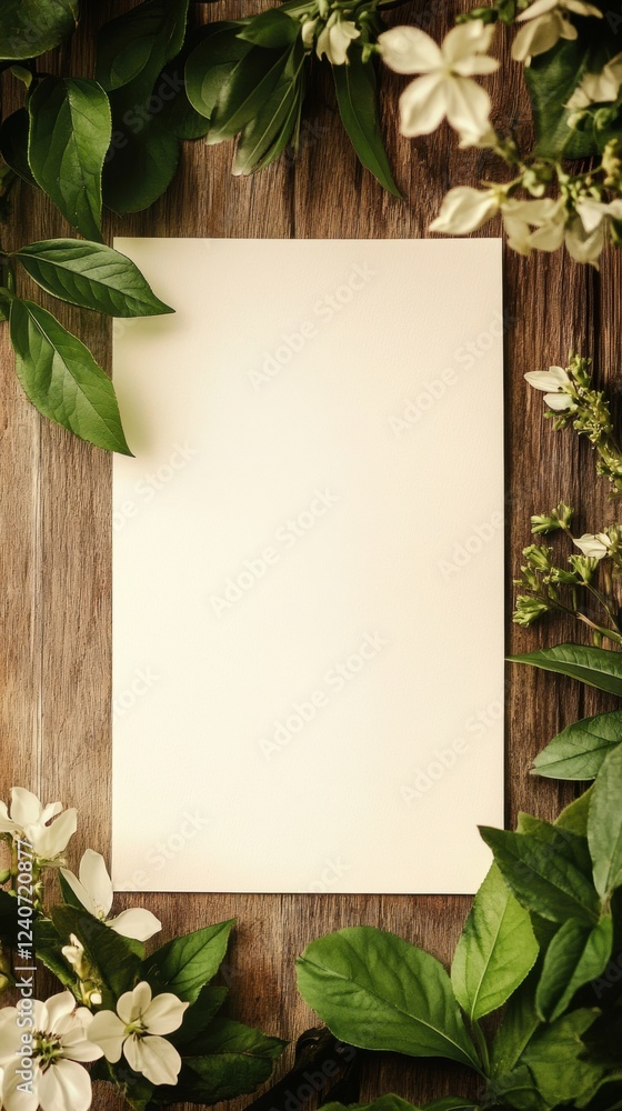 Poster blank space surrounded by lush greenery and delicate flowers ready for creative text or messages. ge