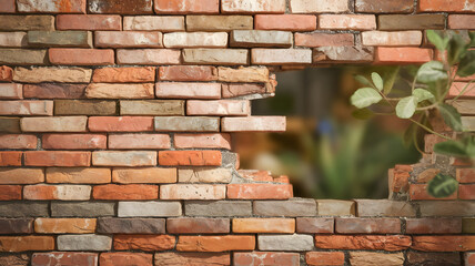 Obraz premium A realistic image of a wall made of bricks. The wall has a few cracks and the bricks have different shades of orange and brown. The background is blurred and contains a green plant with a few leaves. 