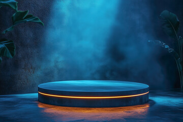 Moody blue stage with warm lighting and plants