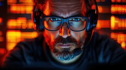 Focused individual with headset works on a computer in a vibrant, illuminated environment at night