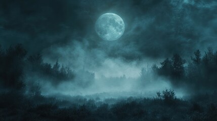 Fototapeta premium Misty forest at night under a full moon