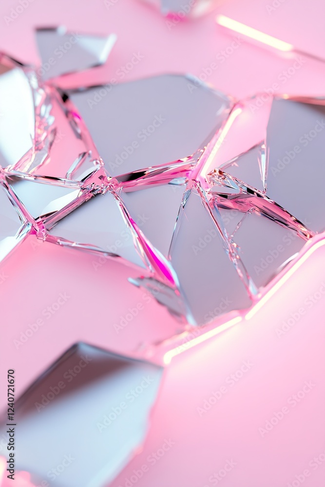 Poster a fragmented chrome surface displays striking cracks, glowing under the intense pink neon light. the