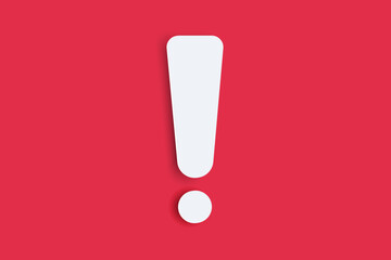 White caution warning sign on red background. Attention, exclamation mark. Alert, danger hazard notification symbol.  Vector illustration. 
