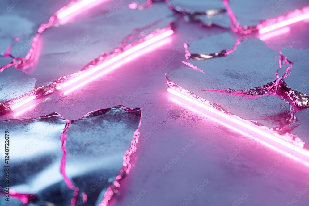 Poster cracks in a shattered chrome surface reflect a vibrant pink neon glow, creating an edgy atmosphere. 