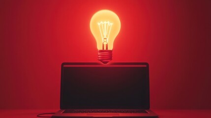 Glowing Idea Laptop screen, illuminated bulb, red background, innovation concept