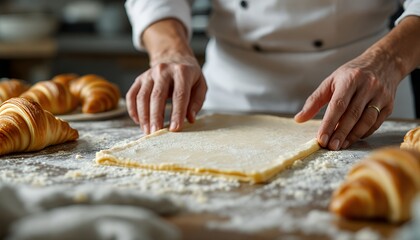 Chef Preparing Fresh Pastry Dough with Floury Surface and Croissants in Cozy Bakery Kitchen