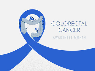 Colorectal Cancer awareness month banner with blue ribbon and human intestine in bloom with text. Medical, health care and prevention concept digestive oncology diseases. vector illustration